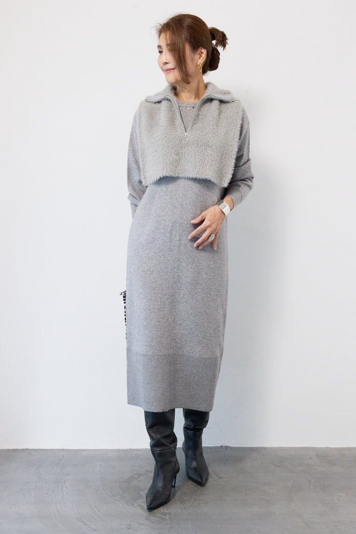 シャギーベスト付ニットワンピース