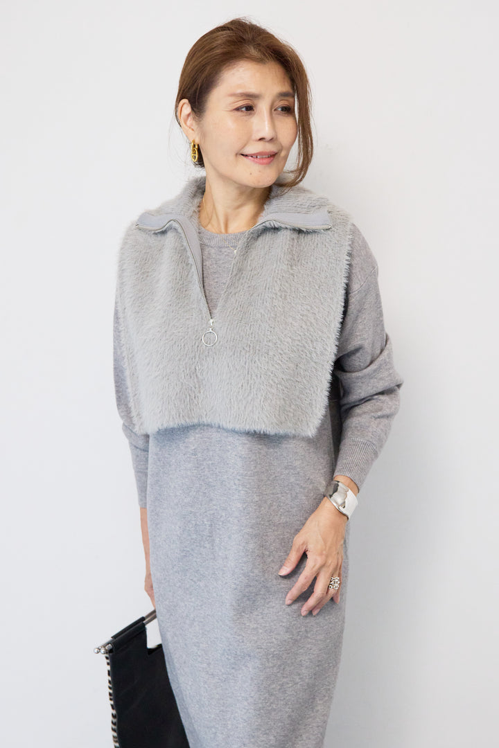 シャギーベスト付ニットワンピース