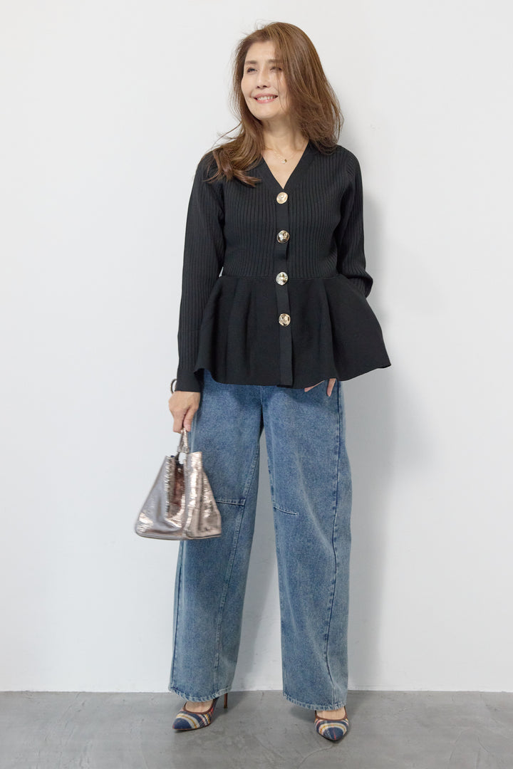 ニュアンス釦ペプラムニットカーディガン