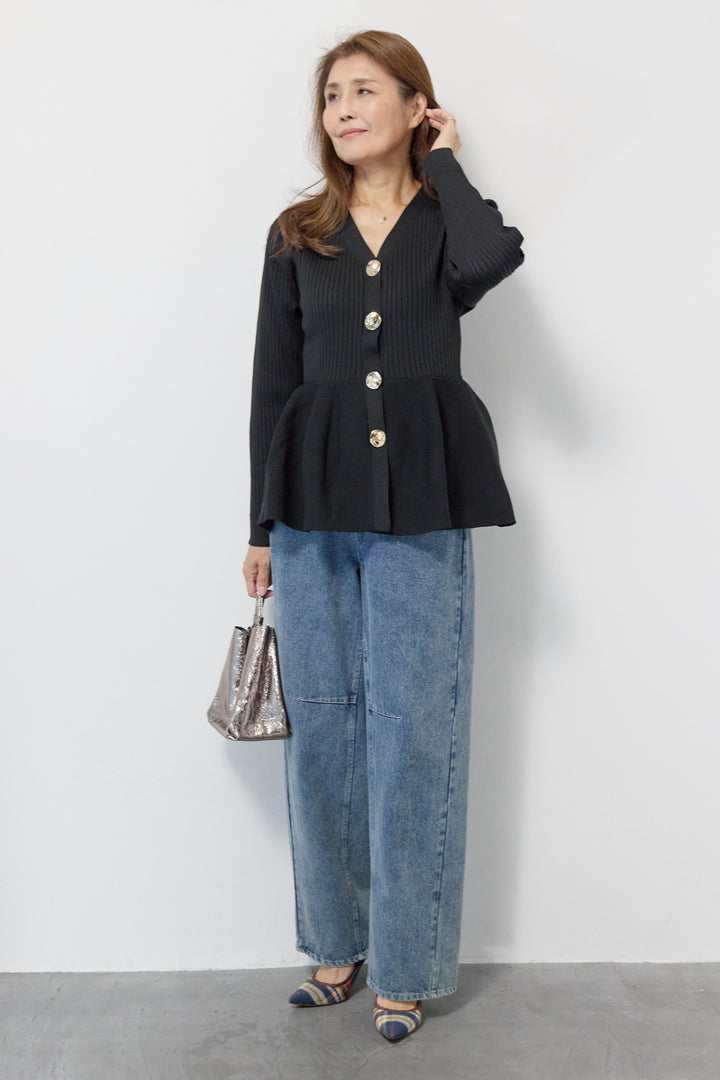 ニュアンス釦ペプラムニットカーディガン