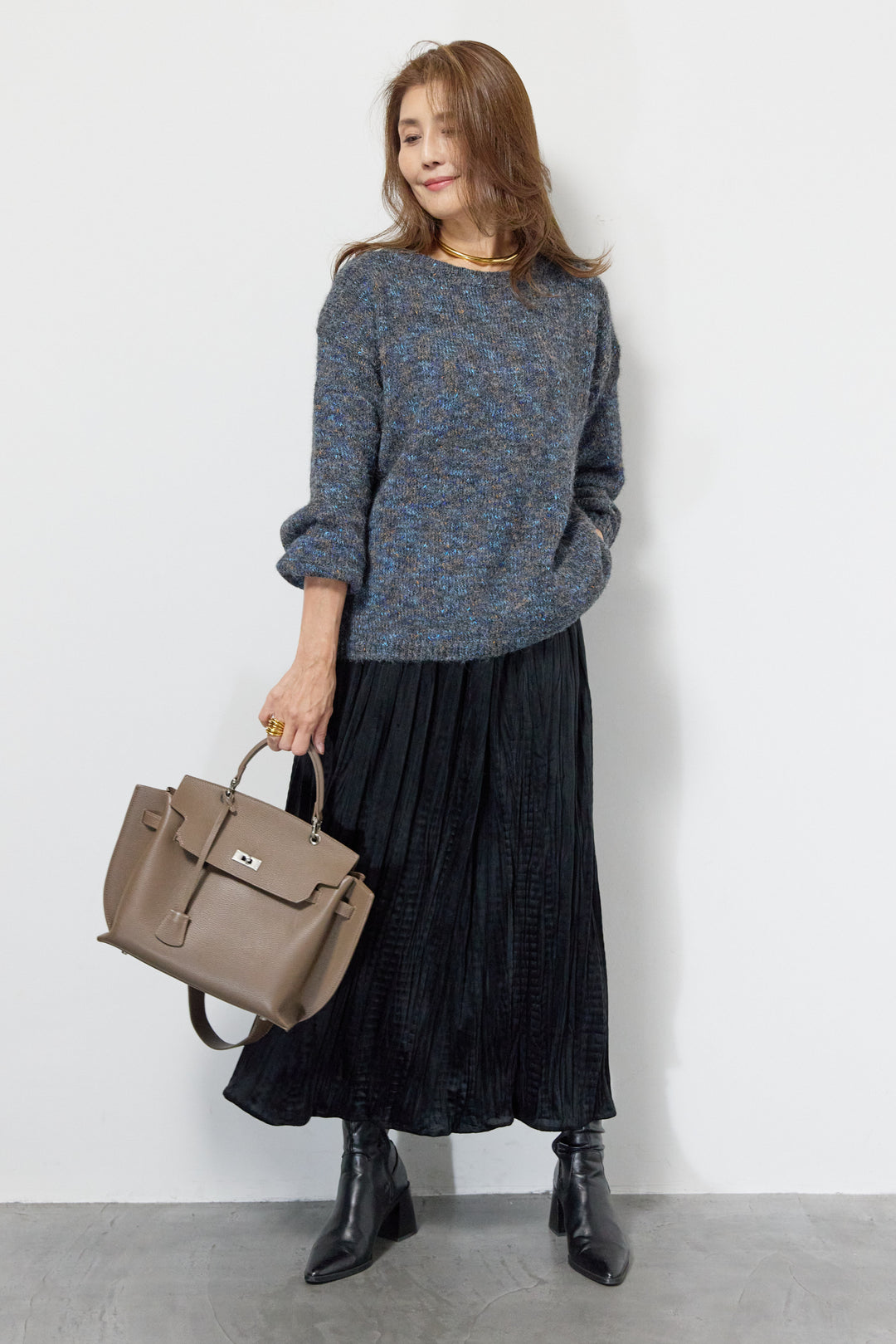 ミックスカラーニット＋ランダムプリーツスカートセットアップ