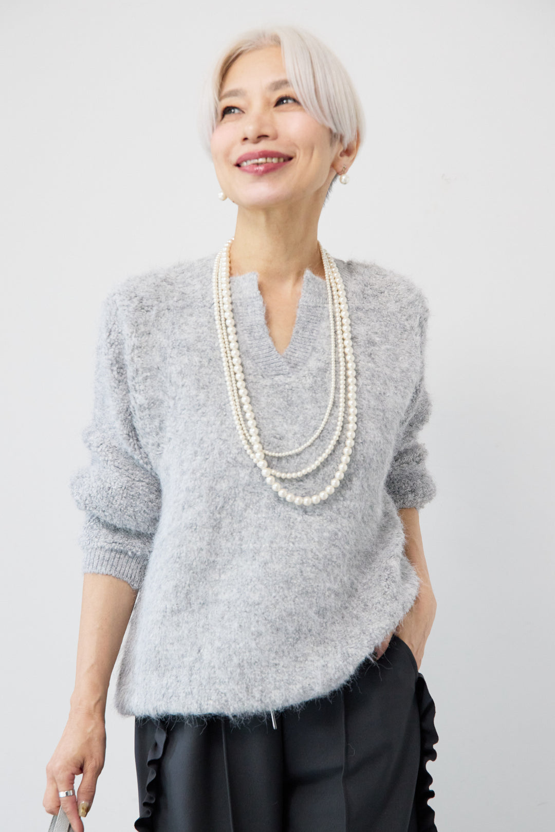 キーネックウールモヘヤニット