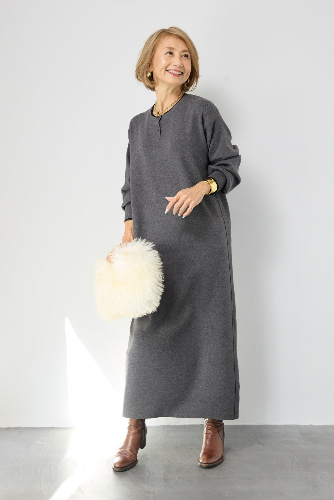 【防静電気】やわもちライン入りヘンリーワンピース