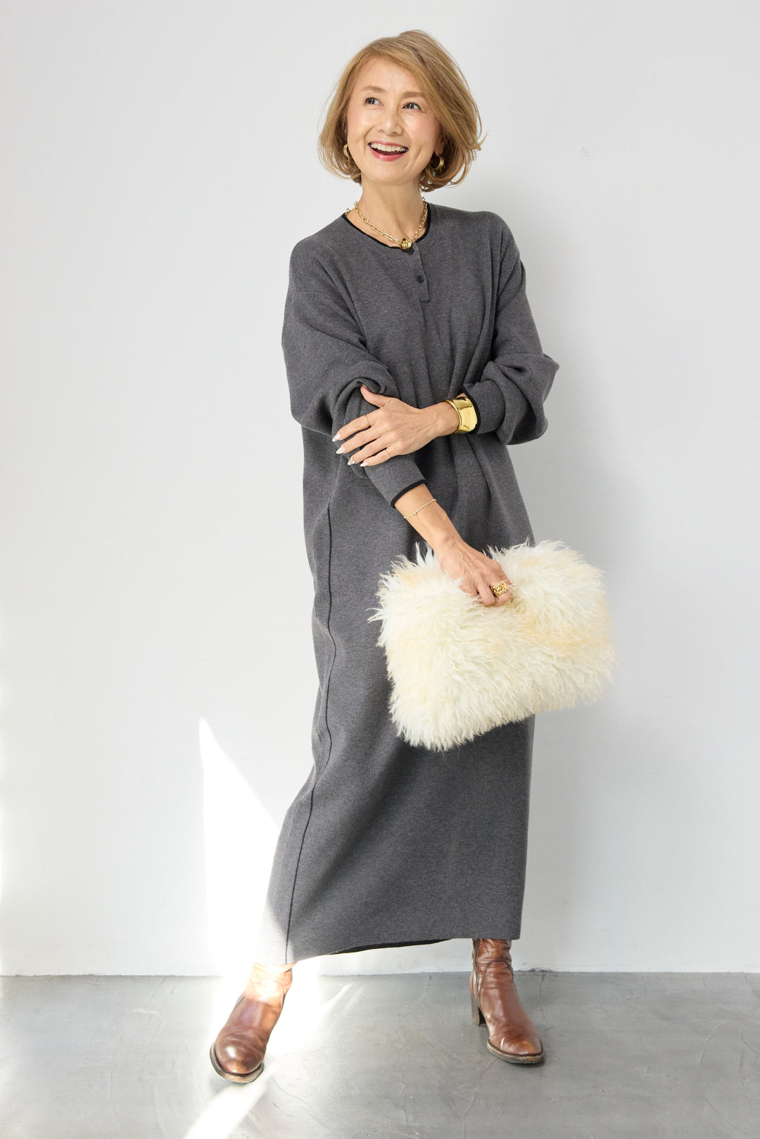 【防静電気】やわもちライン入りヘンリーワンピース