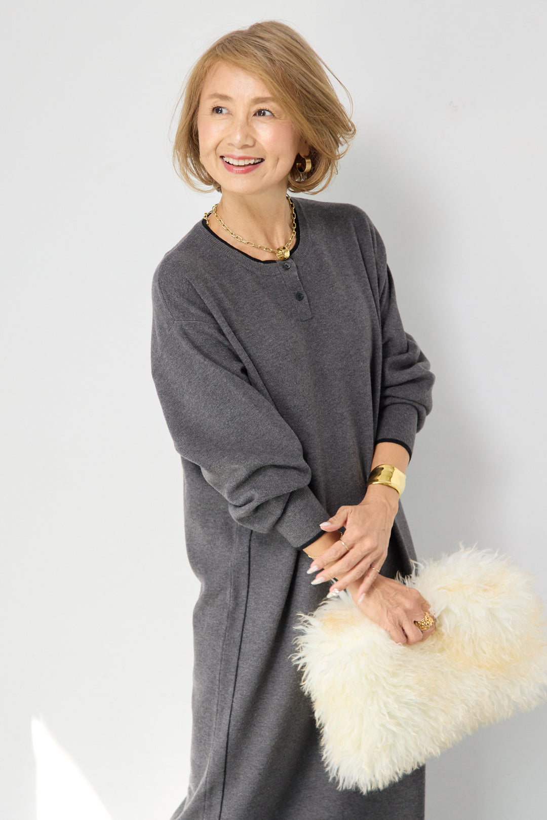 【防静電気】やわもちライン入りヘンリーワンピース