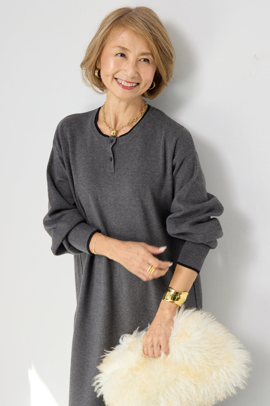 【防静電気】やわもちライン入りヘンリーワンピース