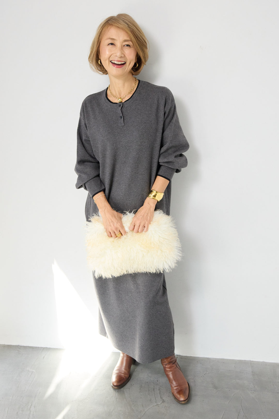 【防静電気】やわもちライン入りヘンリーワンピース