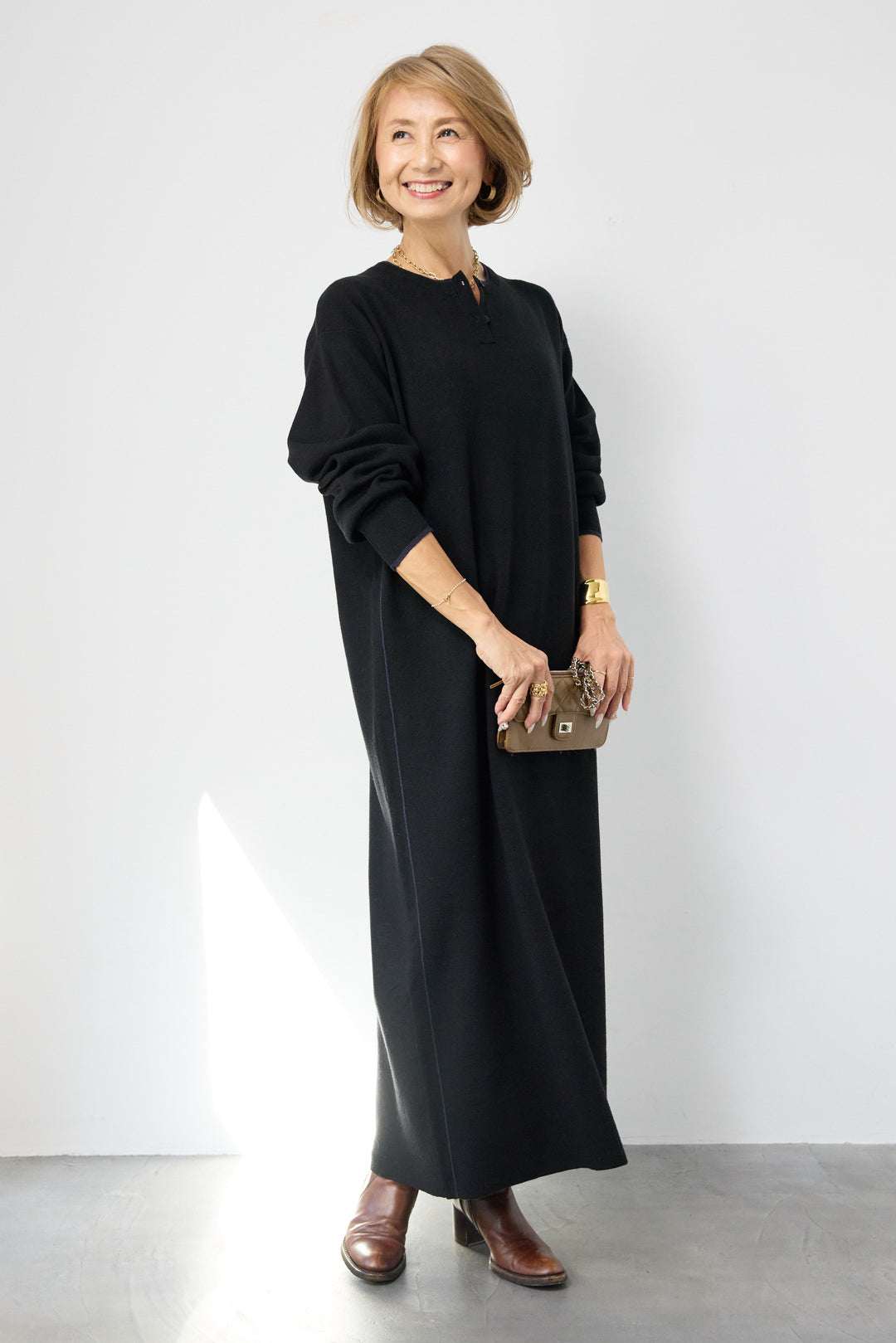 【防静電気】やわもちライン入りヘンリーワンピース