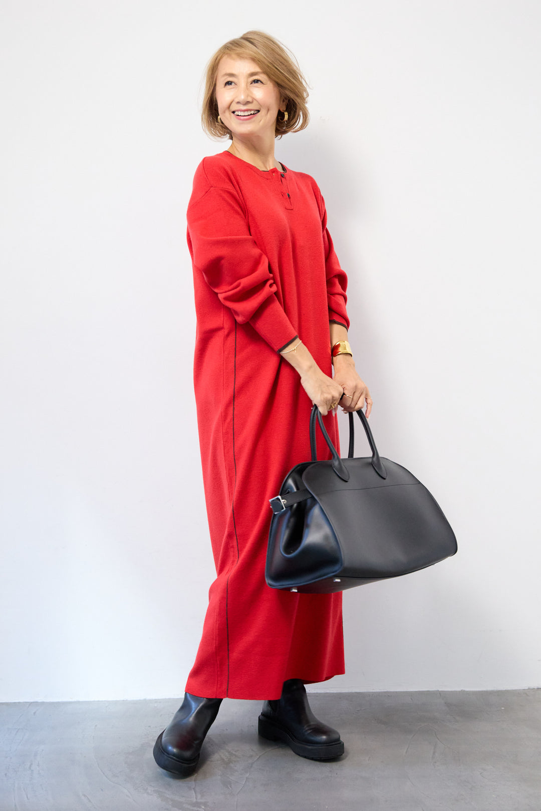 【防静電気】やわもちライン入りヘンリーワンピース