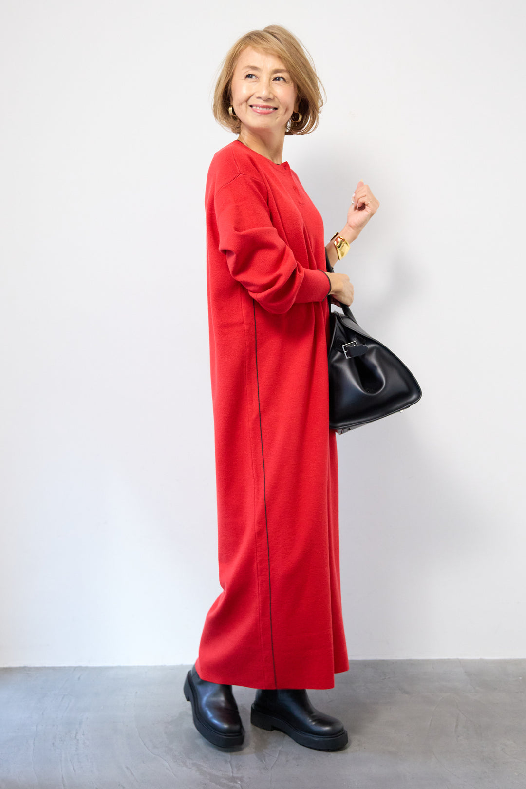 【防静電気】やわもちライン入りヘンリーワンピース