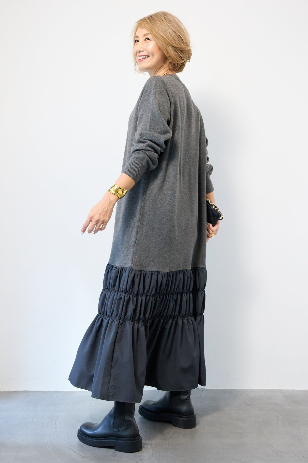 異素材ドッキングニットワンピース