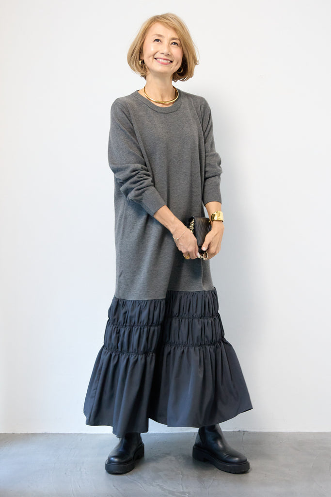 4785 インゲボルグドッキングワンピース ニット 異素材ミックス　黒白　F 4785 インゲボルグドッキングワンピース ニット 異素材ミックス