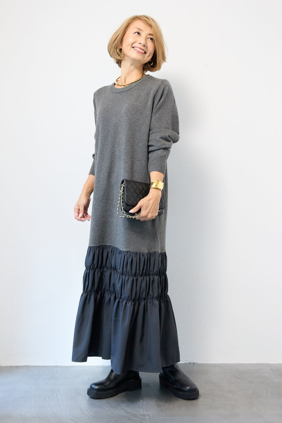 異素材ドッキングニットワンピース