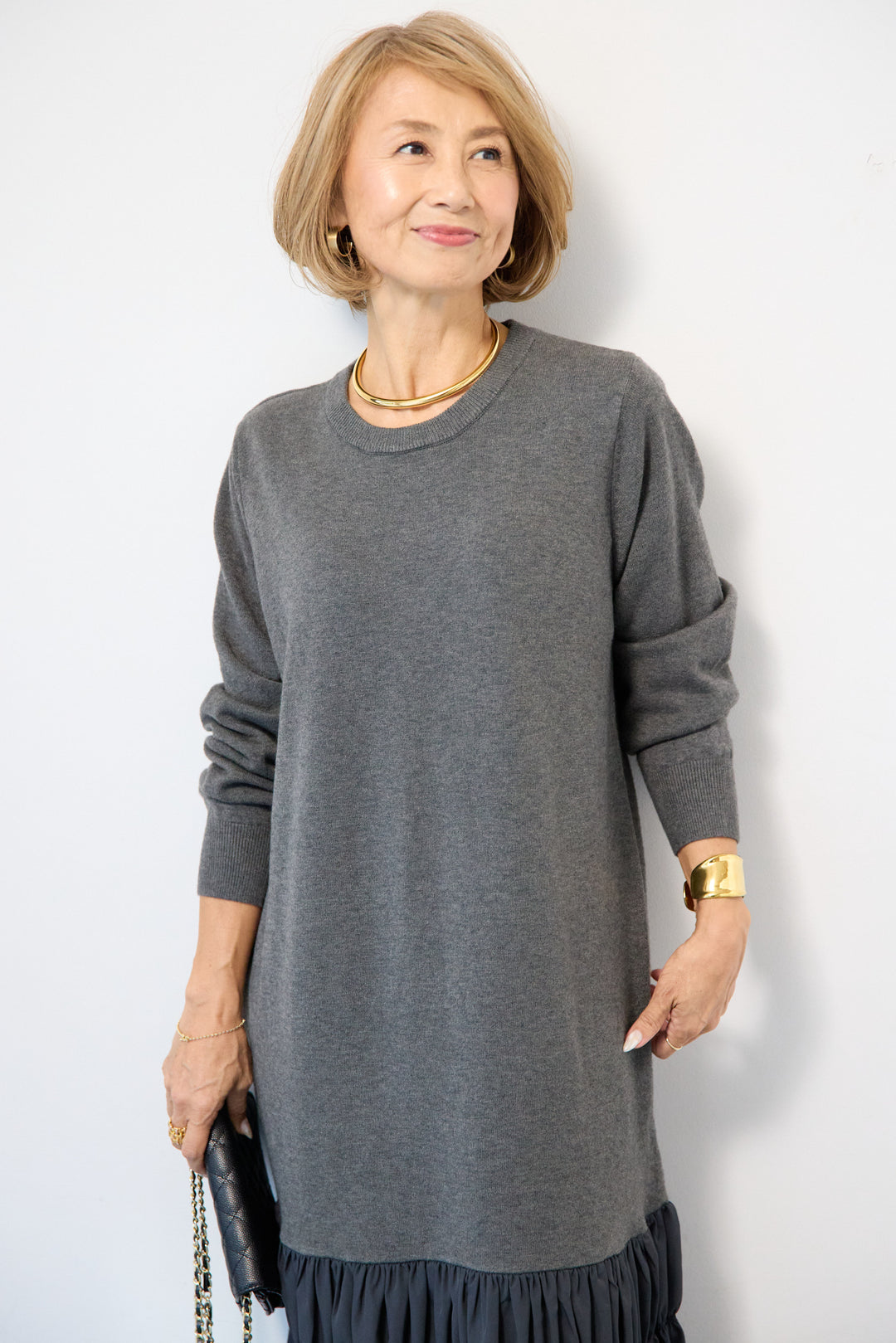 異素材ドッキングニットワンピース