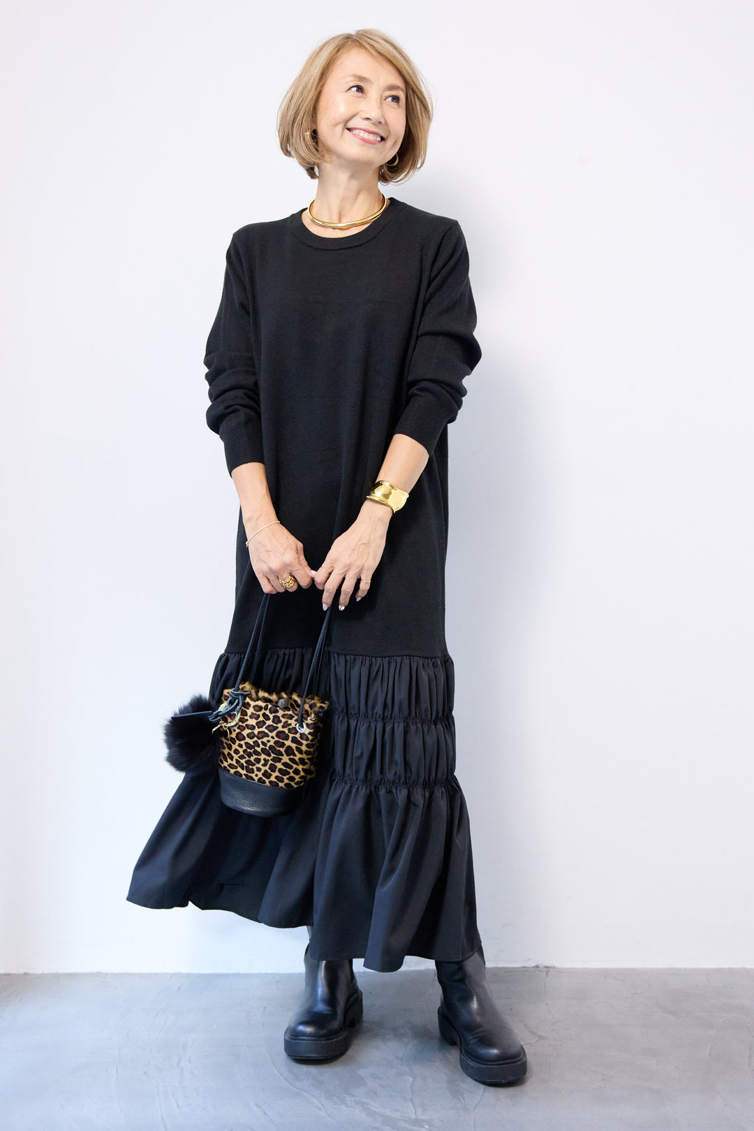 異素材ドッキングニットワンピース