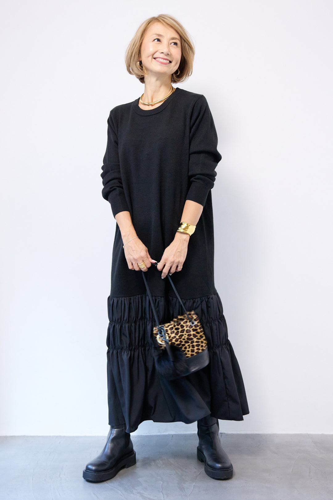 異素材ドッキングニットワンピース