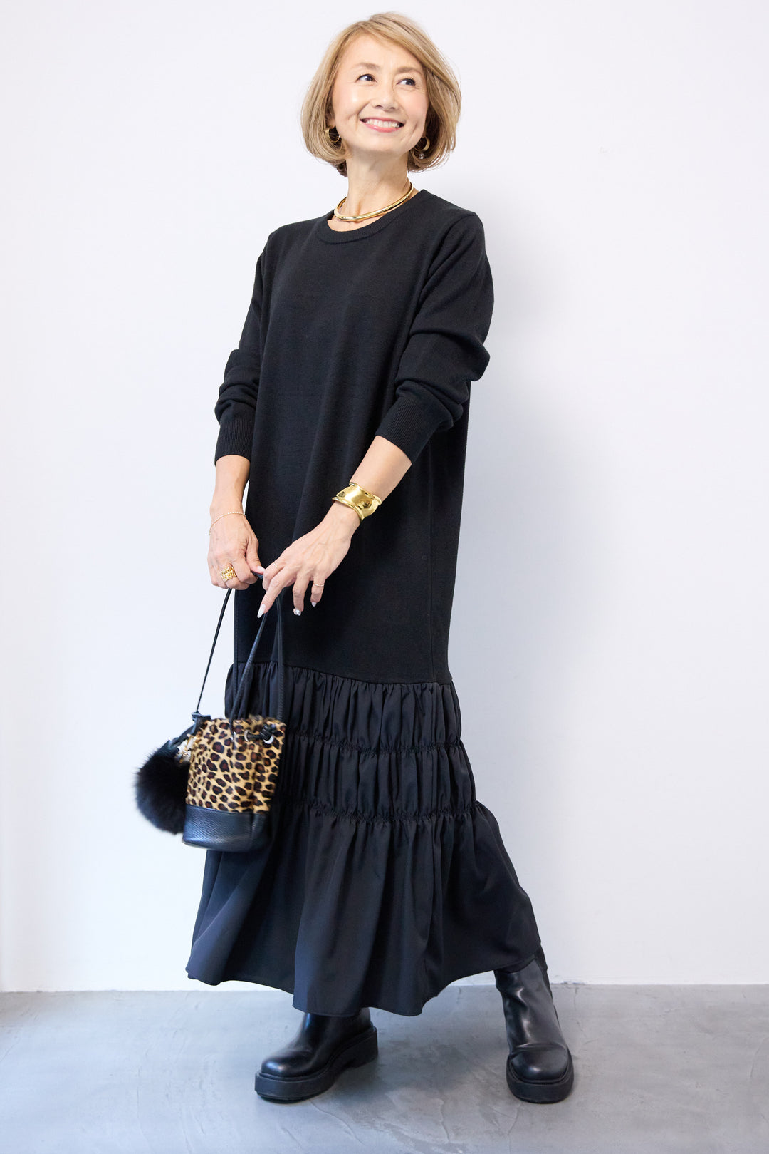 異素材ドッキングニットワンピース