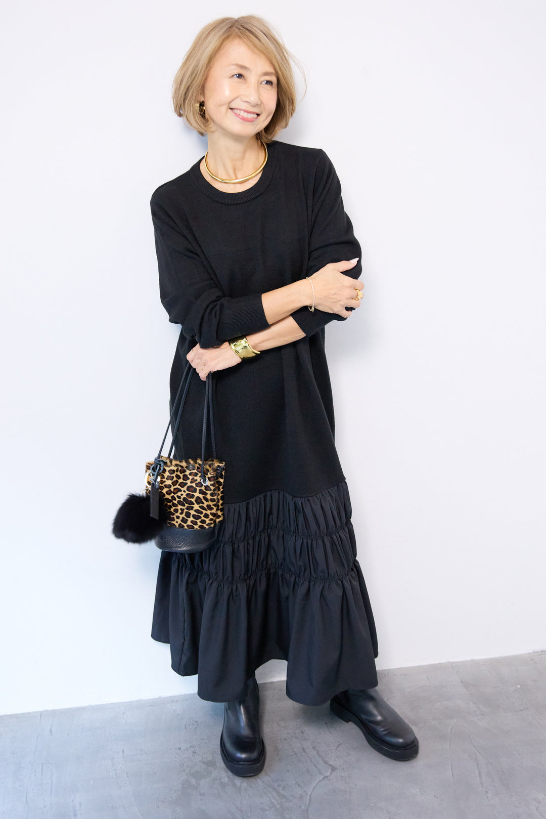 異素材ドッキングニットワンピース