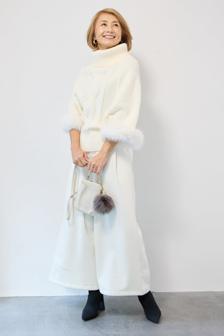 袖ファーケーブルニット ポンチョ