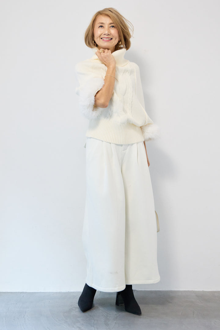 袖ファーケーブルニット ポンチョ