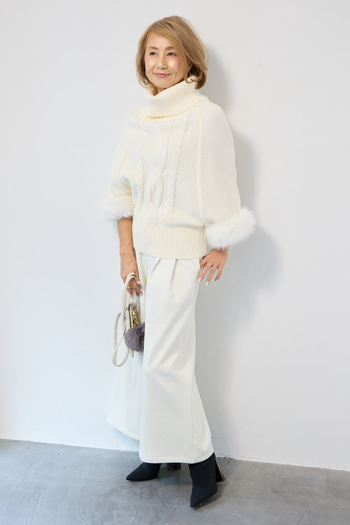 袖ファーケーブルニット ポンチョ