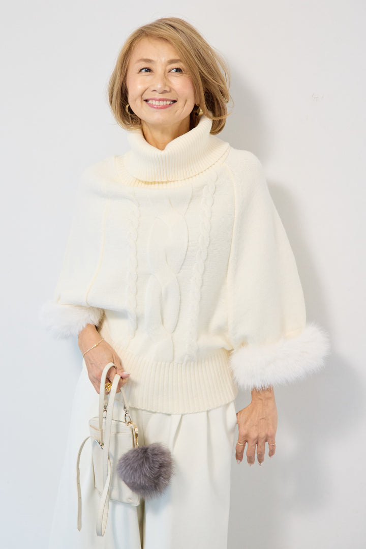 袖ファーケーブルニット ポンチョ