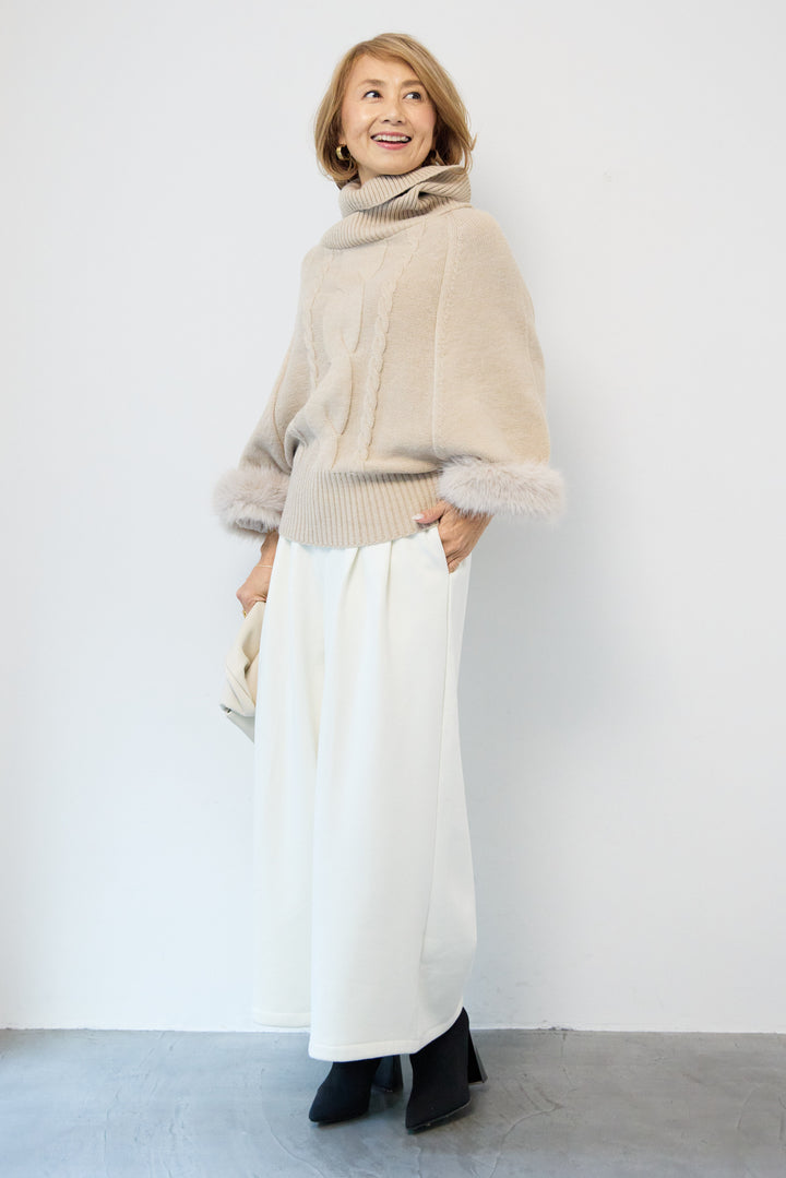 袖ファーケーブルニット ポンチョ