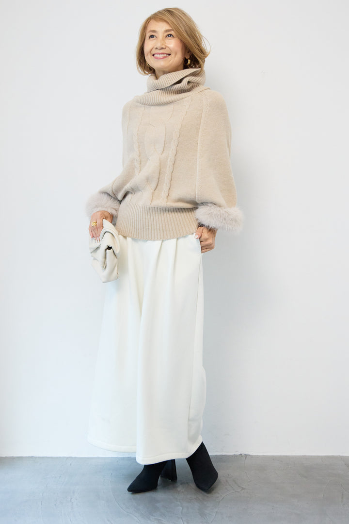 袖ファーケーブルニット ポンチョ