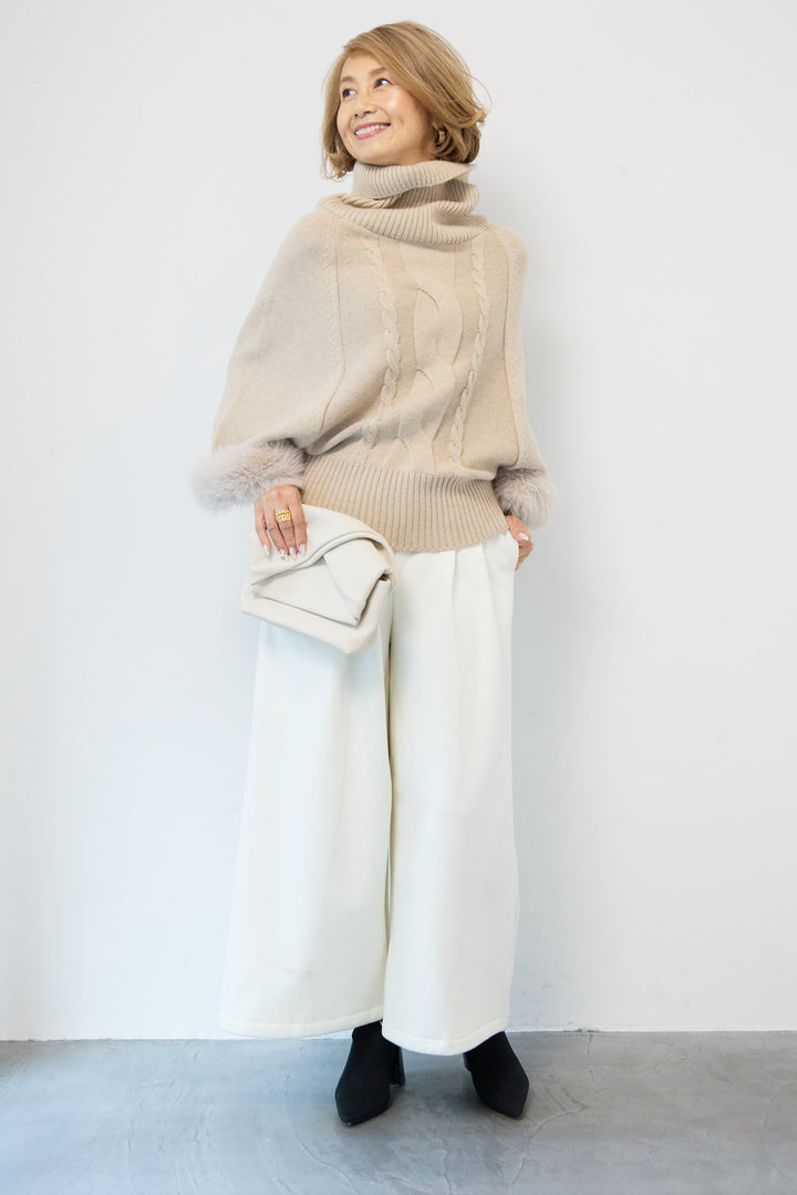 袖ファーケーブルニット ポンチョ