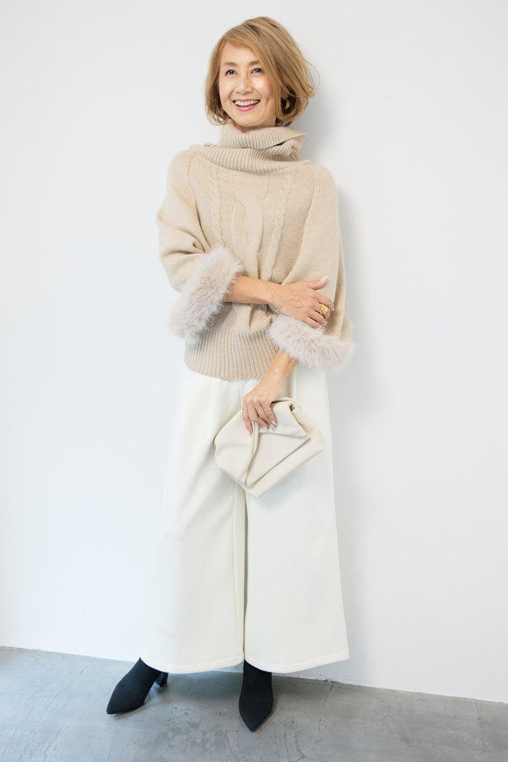 袖ファーケーブルニット ポンチョ