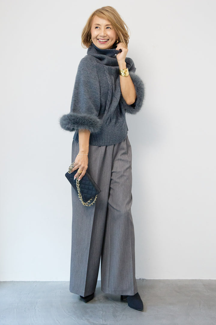 袖ファーケーブルニット ポンチョ