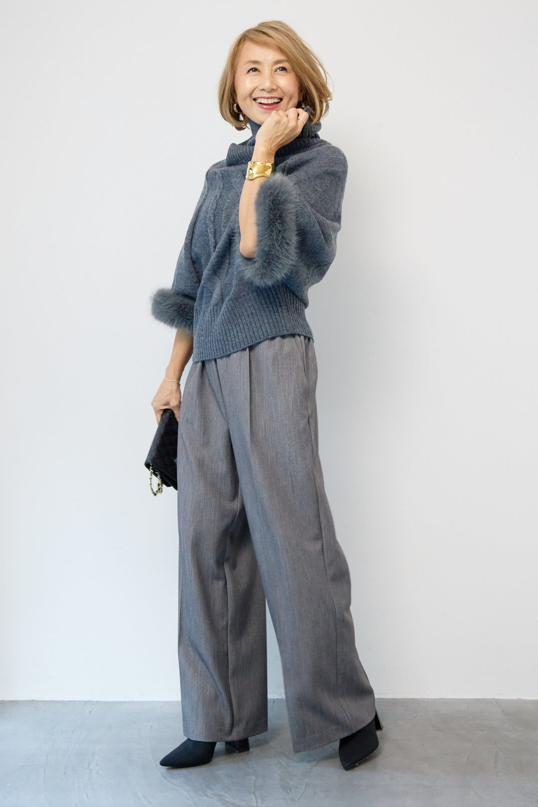 袖ファーケーブルニット ポンチョ