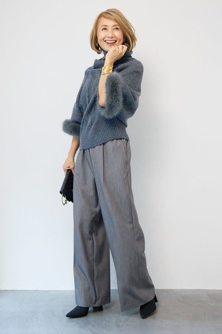 袖ファーケーブルニット ポンチョ