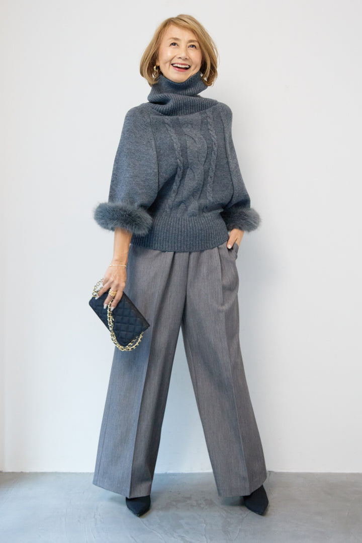 袖ファーケーブルニット ポンチョ