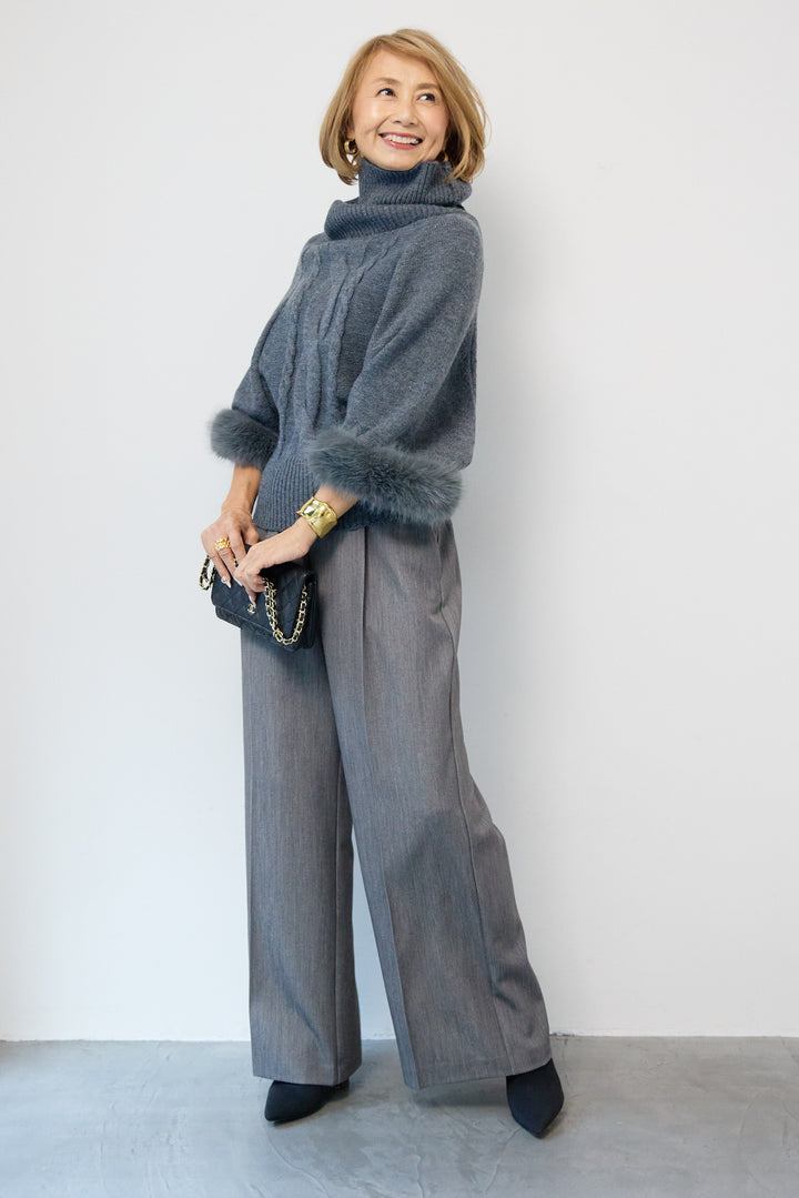 袖ファーケーブルニット ポンチョ