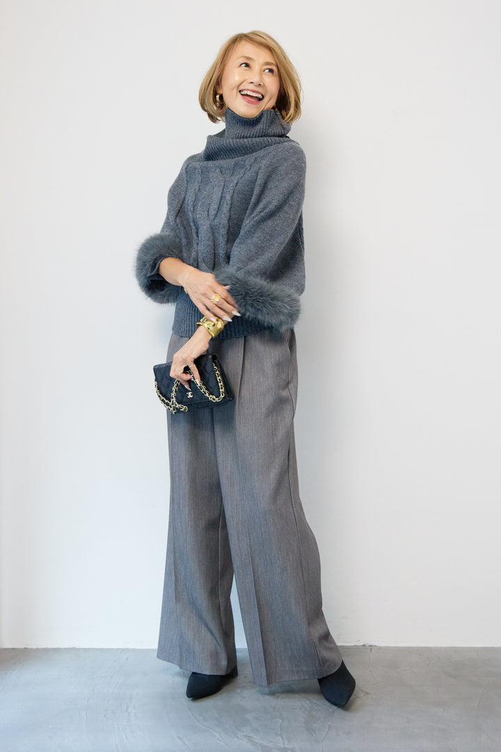 袖ファーケーブルニット ポンチョ