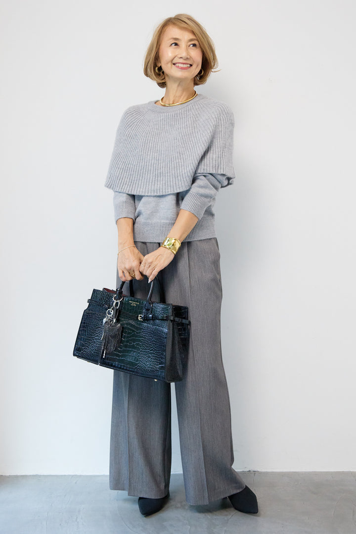 [SET]ケープド・リブニットプルオーバー+シャイニープリーツスカート(2set)