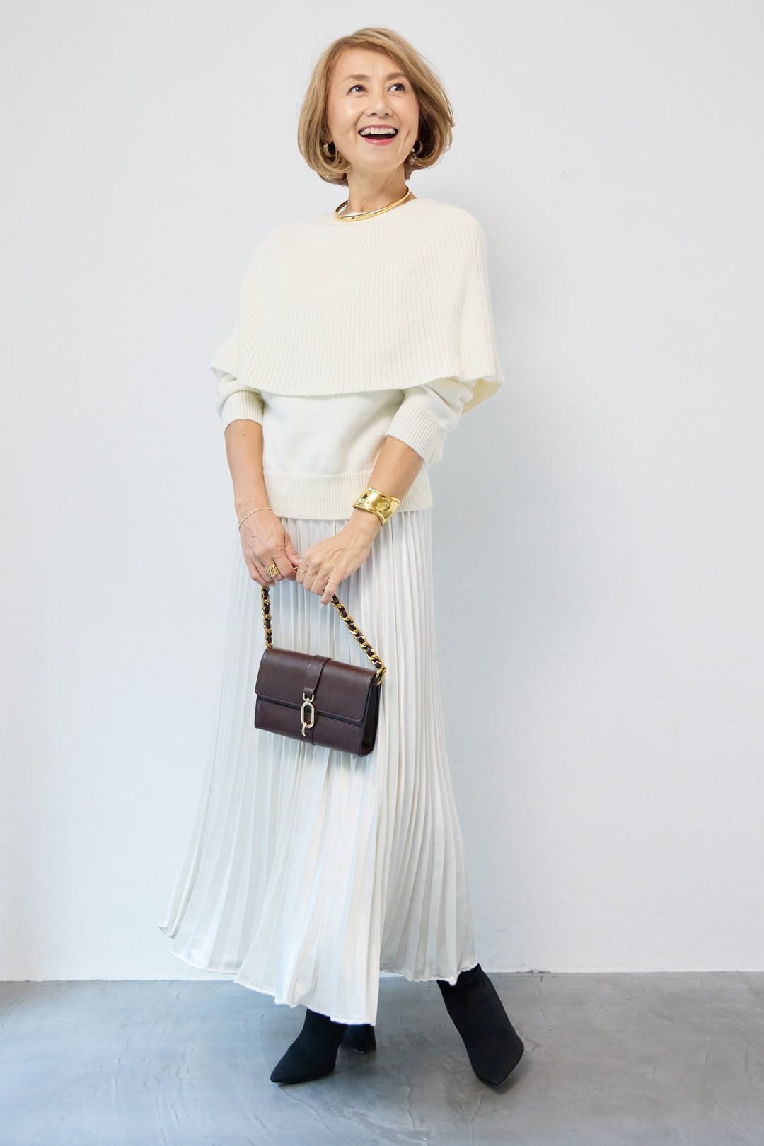 [SET]ケープド・リブニットプルオーバー+シャイニープリーツスカート(2set)