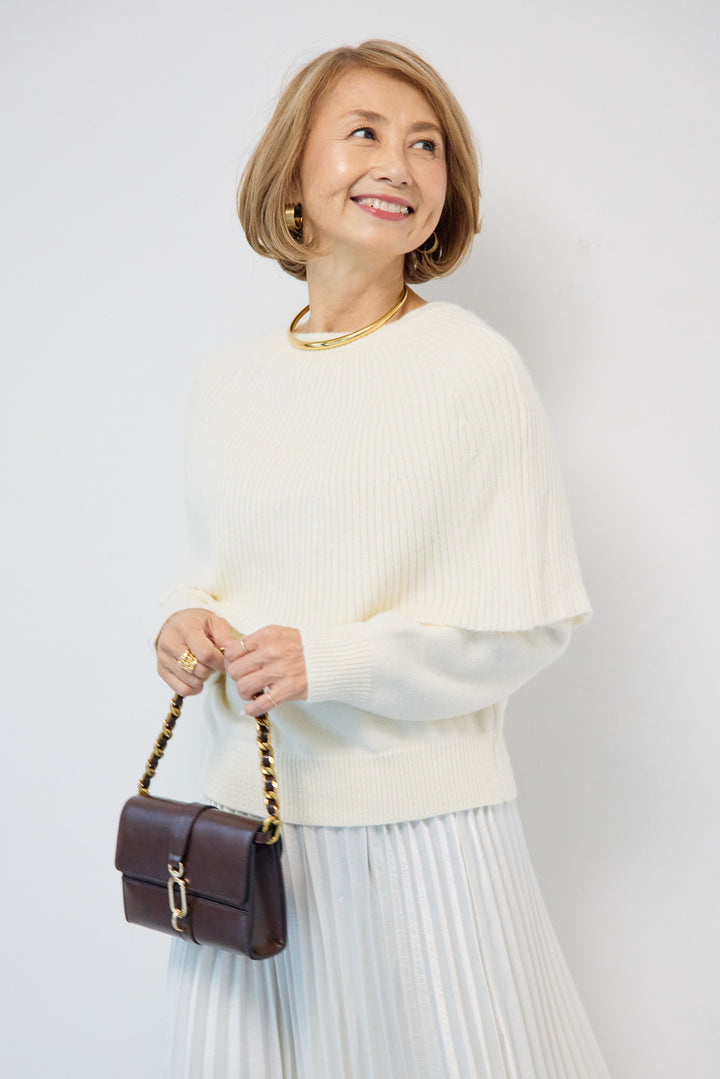 [SET]ケープド・リブニットプルオーバー+シャイニープリーツスカート(2set)