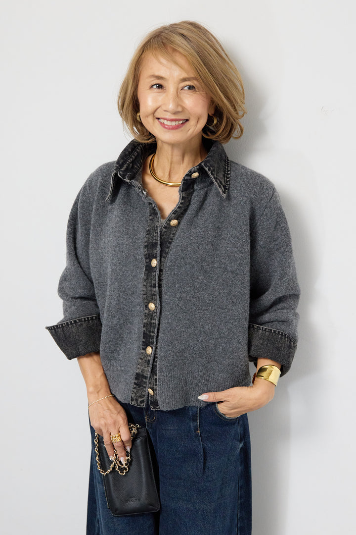 [SET]デニム×ニットシャツ+カーブデニムパンツ(2set)