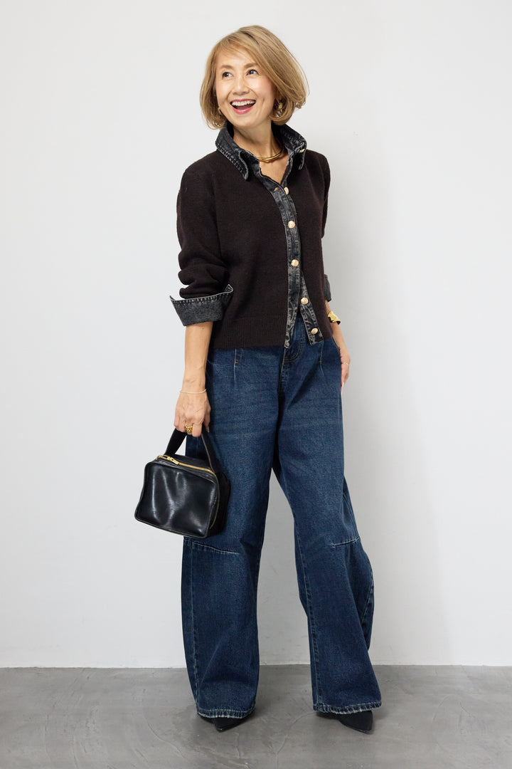 [SET]デニム×ニットシャツ+カーブデニムパンツ(2set)