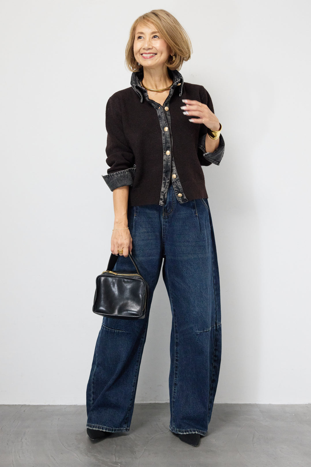 [SET]デニム×ニットシャツ+カーブデニムパンツ(2set)