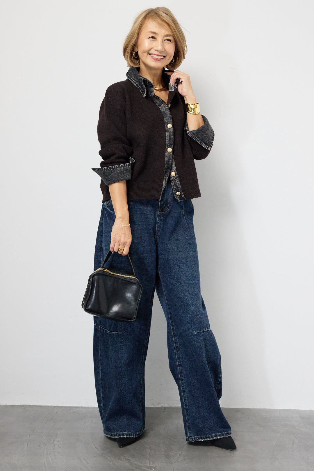 [SET]デニム×ニットシャツ+カーブデニムパンツ(2set)