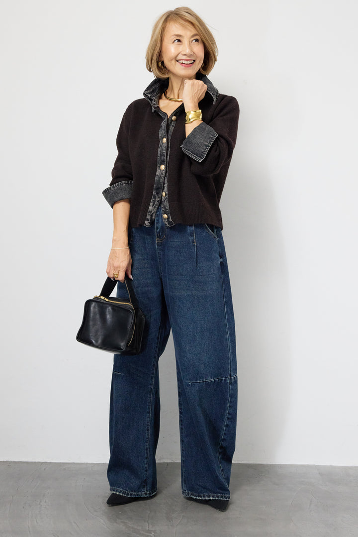 [SET]デニム×ニットシャツ+カーブデニムパンツ(2set)