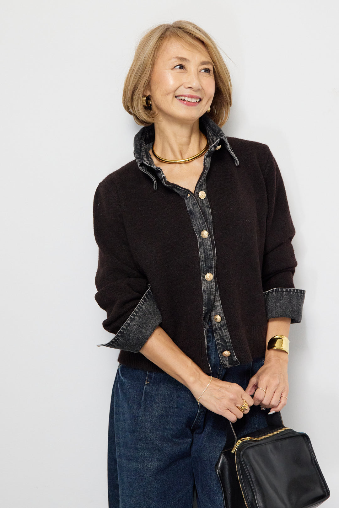 [SET]デニム×ニットシャツ+カーブデニムパンツ(2set)