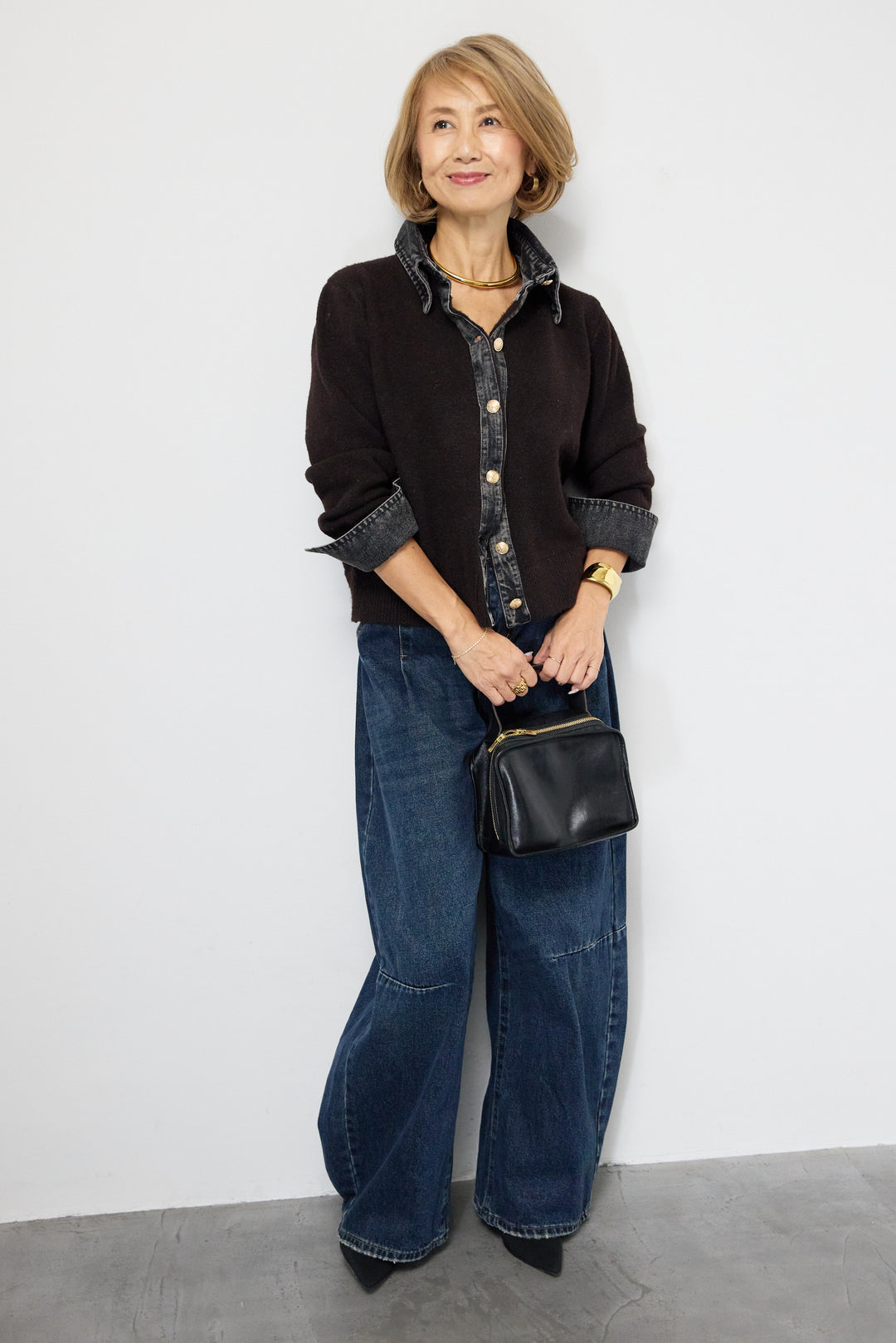 [SET]デニム×ニットシャツ+カーブデニムパンツ(2set)