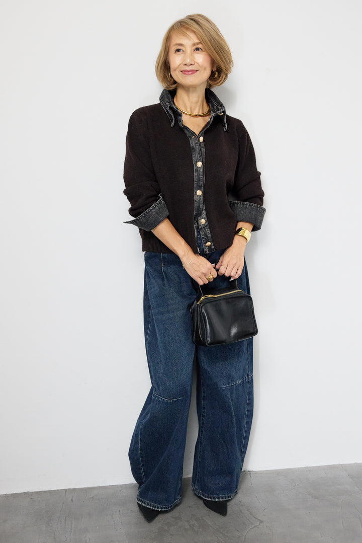 [SET]デニム×ニットシャツ+カーブデニムパンツ(2set)