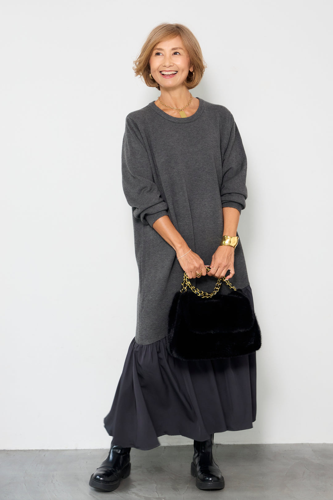 アシメ切替ニットワンピース