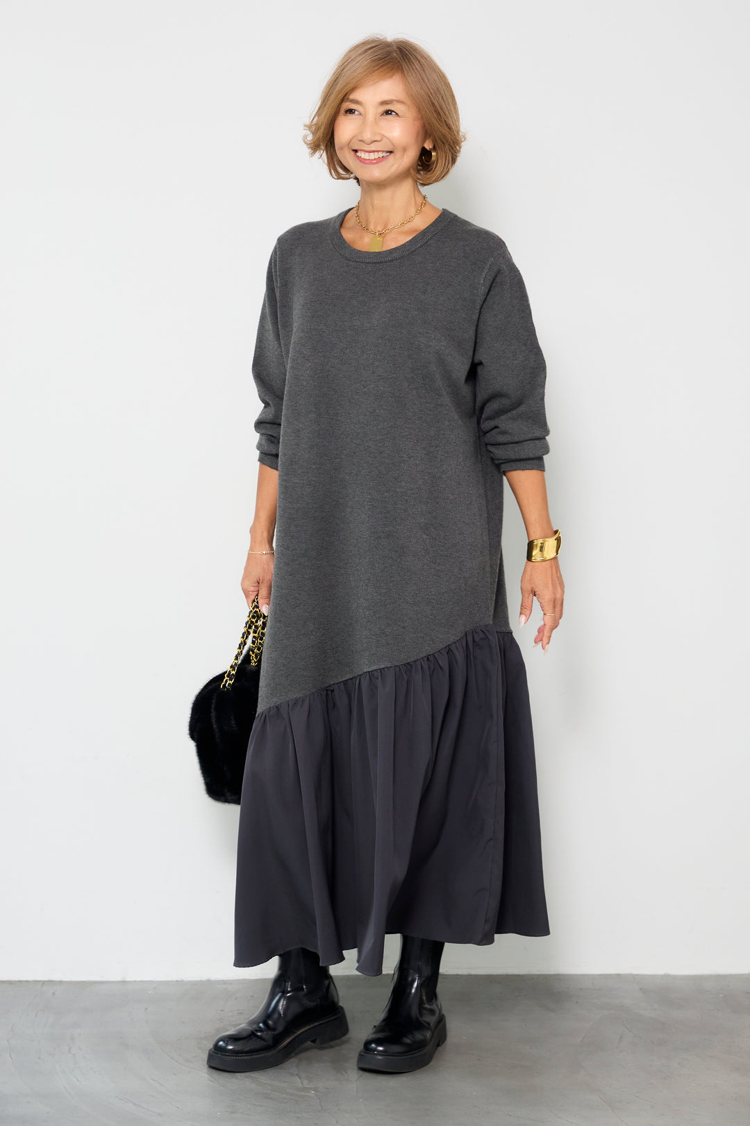 アシメ切替ニットワンピース