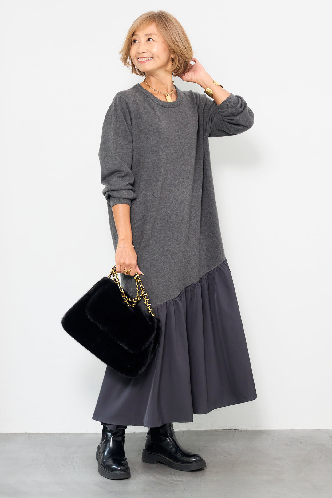 アシメ切替ニットワンピース